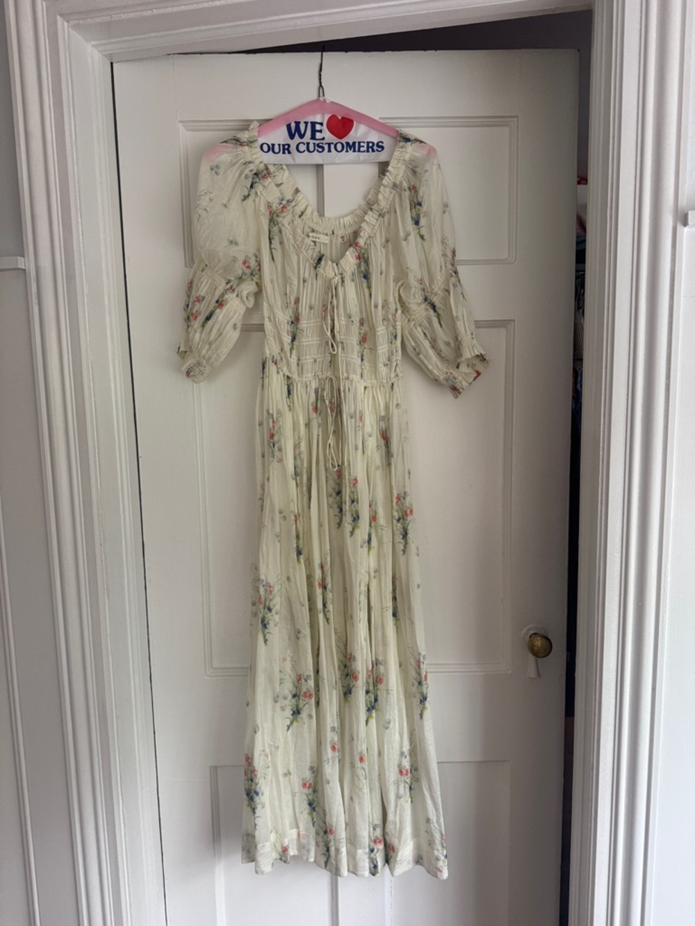 Doen Cream Floral Maxi Dress with Puff Sleeves and Tie Waist